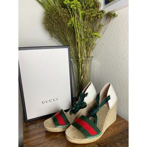 GUCCI Canvas Web Ankle Wrap Espadrille Sandals